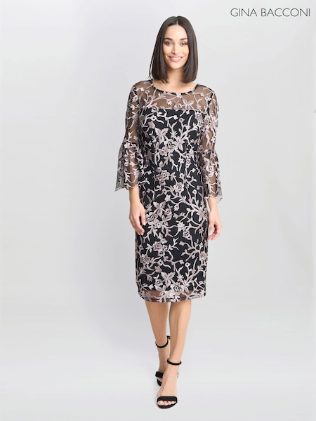 Gina Bacconi Maxine Embroidered Black Shift Dress (AL9656) | € 233