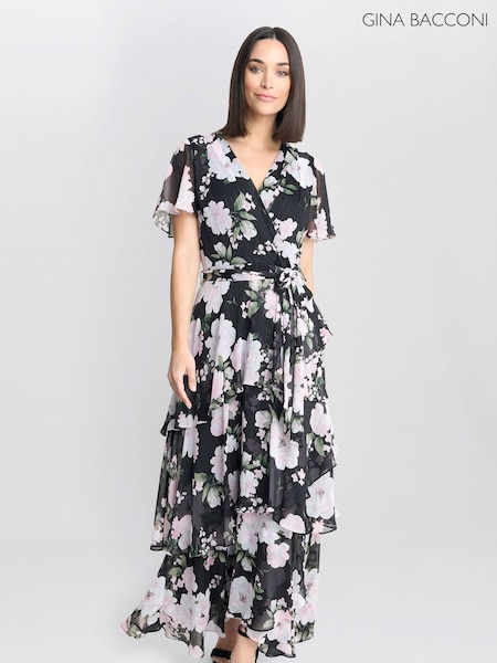 Gina Bacconi Sally Printed Maxi Tiered Black Dress With Tie Belt (AL9657) | 207 €