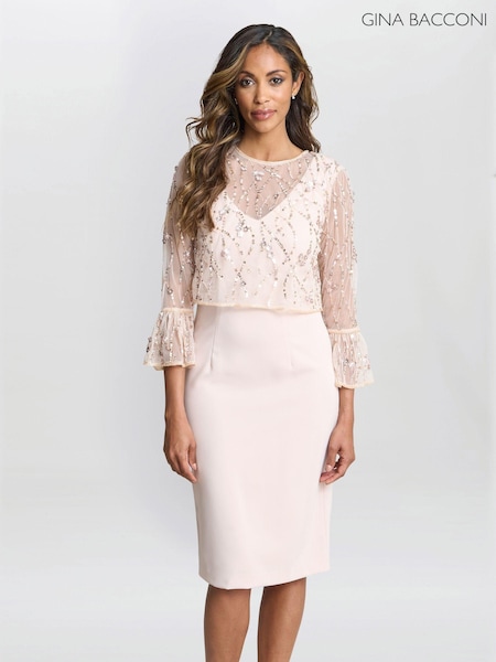 Gina Bacconi Pink Pippa Beaded Jacket With Fluted 3/4 Sleeve And Crepe Shift Dress (AL9658) | €441
