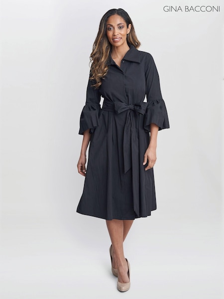 Gina Bacconi Melinda Taffeta Black Shirt Dress (AL9661) | 792 QAR