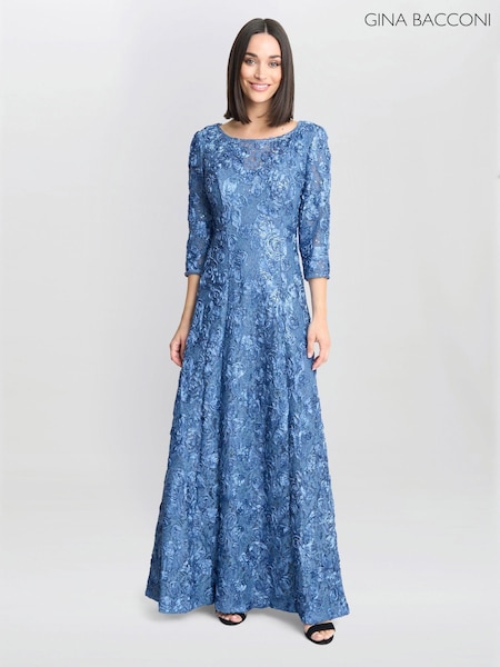 Gina Bacconi Blue Susanna Rosette Maxi Dress With 3/4 Illusion Sleeves (AL9662) | €191