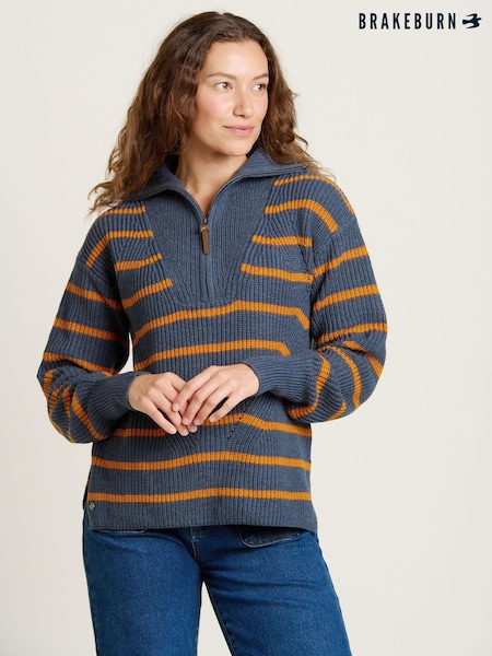 Brakeburn Blue Knitted Stripe Quarter Zip Jumper (AL9702) | €53