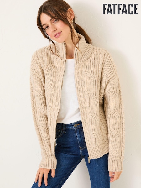 FatFace Erin Natural Cable Knitted Zip Through Cardigan (AL9820) | ₪312