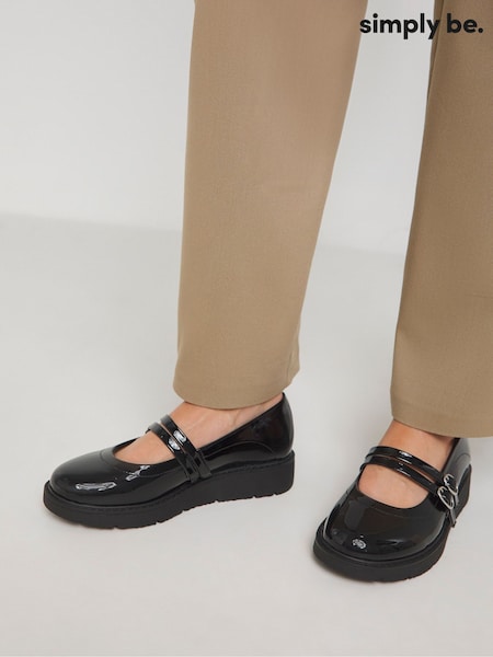 Simply Be Black Extra Wide Fit Low Wedge Mary Jane Shoes (AL9858) | AED113