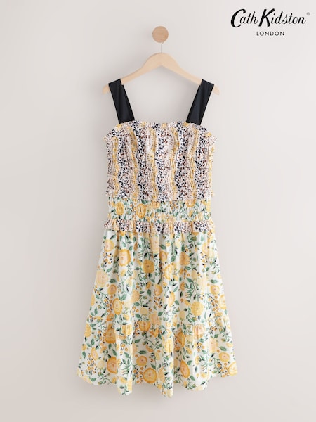 Cath Kidston Yellow Strawberry Garden Ruched Midi 100% Cotton Dress (AL9985) | R$ 850