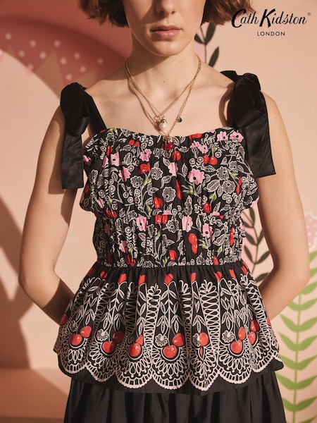 Cath Kidston Black Cherry Shirred Cami 100% Cotton Top (AL9991) | ₪262