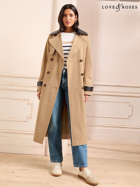 Love & Roses Detachable Black Faux Leather Collar Camel Mix Shower Resistant Belted Double Breasted Trench Coat (AM0081) | €137