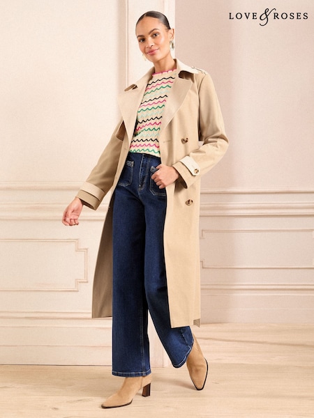 Love & Roses Cream and Stone Colour Block Mix Shower Resistant Belted Double Breasted Trench Coat (AM0082) | kr1 371