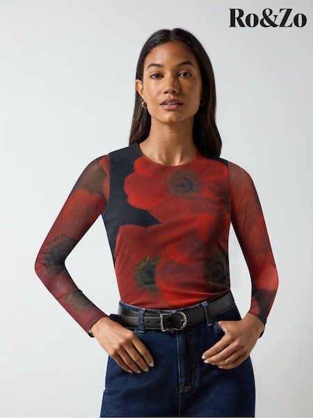 Ro&Zo Red Floral Placement Print Mesh Top (AM0094) | €43.50