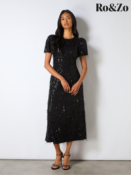 Ro&Zo Gina Fringe Sequin Puff Sleeve Midi Dress (AM0097) | 122 €