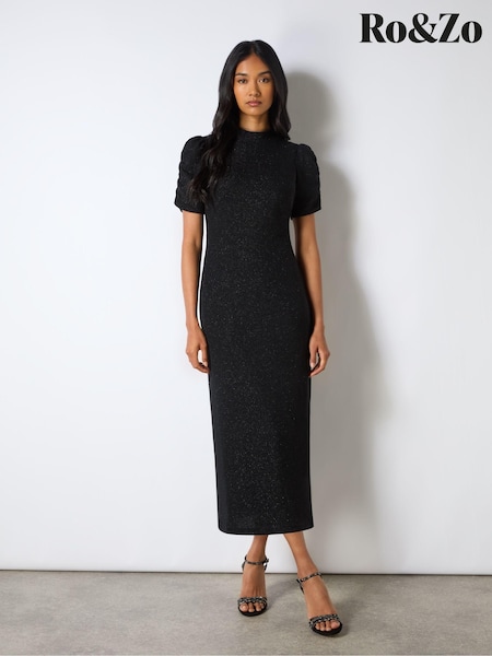 Ro&Zo Harriet Black Sparkle Jersey High Neck Dress (AM0103) | 581 LEI