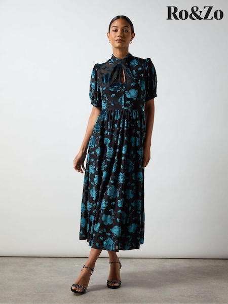 Ro&Zo Erin Teal Floral Burnout Midi Dress (AM0109) | 124 €