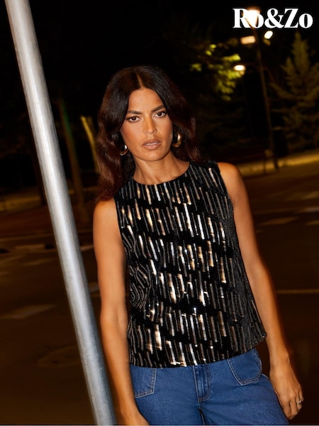 Ro&Zo Black Embellished Velvet Shell Top (AM0118) | €39