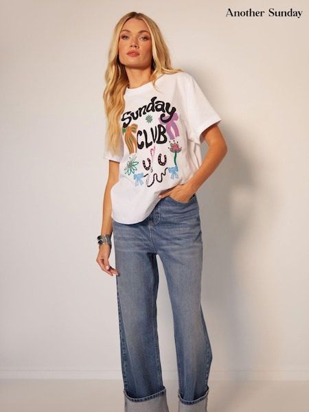 Another Sunday White Club Graphic Print Short Sleeve 100% Cotton T-Shirt (AM0133) | ₪111