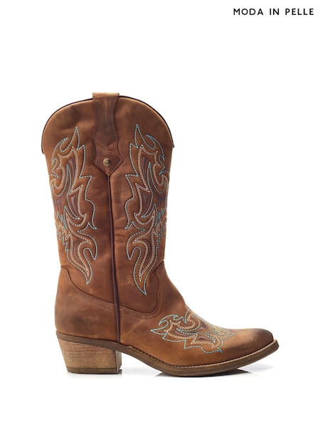 Moda in Pelle Fantelene Stitched Detail Leather Cowboy Brown Boots (AM0194) | €228