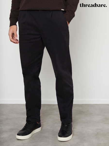 Negru - Threadbare Cotton Croială dreaptă Plisat Pantaloni chino With Mulați/Elastici (AM0237) | 201 LEI
