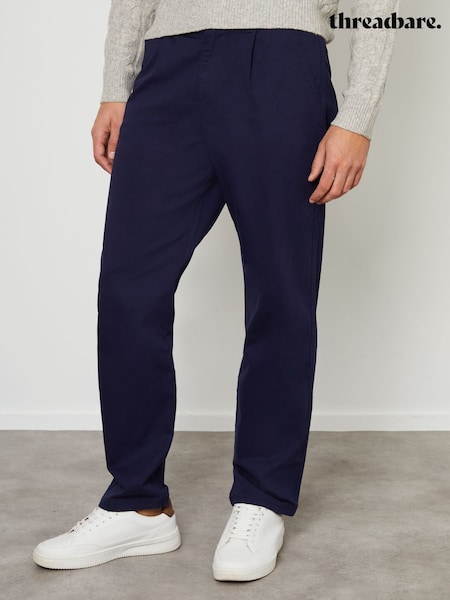Bleumarin - Threadbare Cotton Croială dreaptă Plisat Pantaloni chino With Mulați/Elastici (AM0238) | 201 LEI