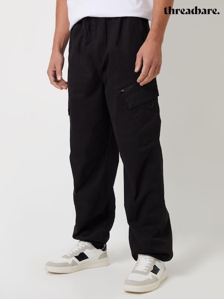 Negru - Pantaloni de parașută din bumbac Threadbare , cu vârf și întindere (AM0245) | 142 LEI
