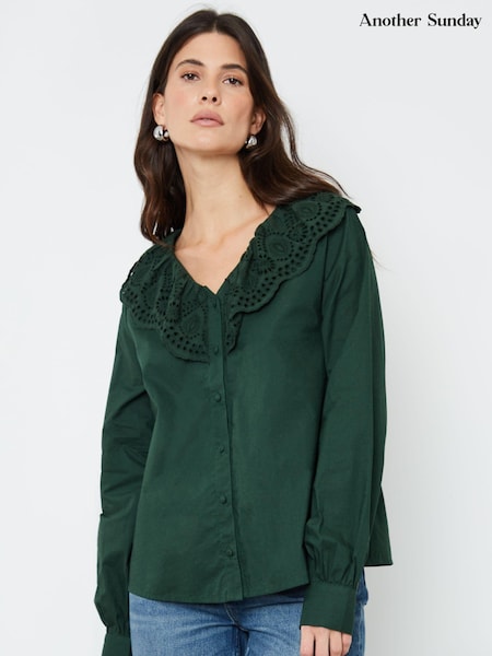 Another Sunday Green Broderie Collar Button Through 100% Cotton Blouse (AM0491) | ₪191