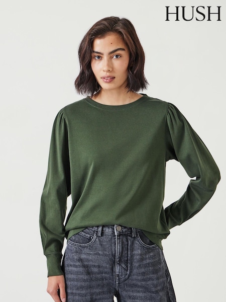 Hush Green Emily Puff Sleeve 100% Cotton Jersey Top (AM0963) | ₪201
