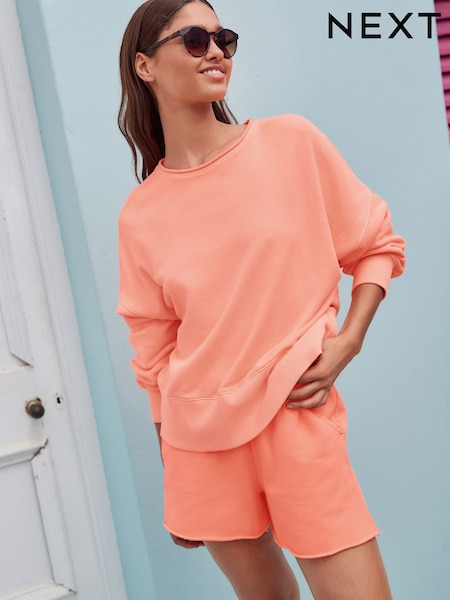 Fluor-Orange - Sweatshirt mit grobem Saumdetail, gewaschenem 100% Baumwolle und Rundhalsausschnitt (AM1005) | 45 €