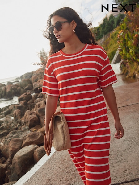 Red/Ecru Stripe Knitlook Short Sleeve Dress (AM1010) | €50.50