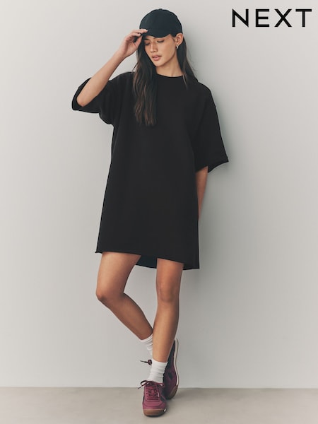 Black Raw Hem Detail Washed 100% Cotton Crew Neck Dress (AM1017) | €34
