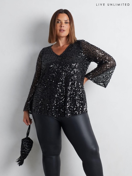 Live Unlimited Black Curve Mesh Sequin Long Sleeve Top (AM1822) | €105