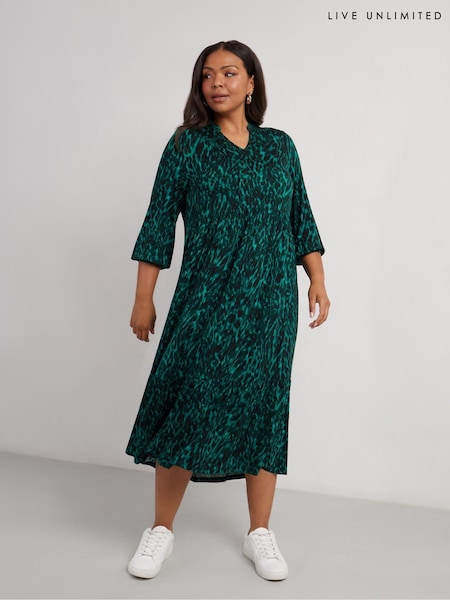 Live Unlimited Green Curve Leopard Jersey Nehru Collar Midi Dress (AM1828) | €37