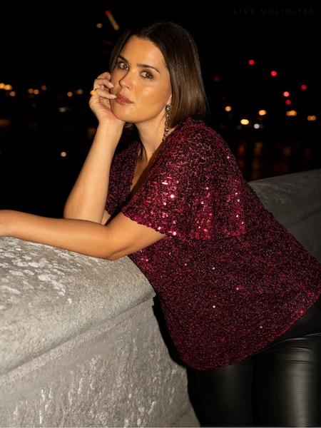 Live Unlimited Red Curve Sequin Flutter Sleeve Top (AM1836) | €43.50