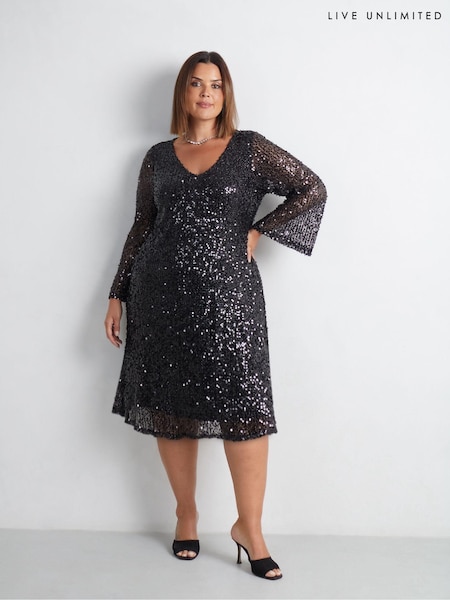 Live Unlimited Black Curve Mesh Sequin Long Sleeve Dress (AM1847) | €78