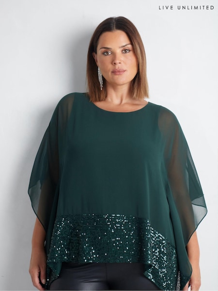 Live Unlimited Green Curve Chiffon Sequin Trim Overlayer Top (AM1852) | €51