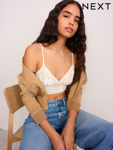 Cream Premium Embellished Lace & Sequin Longline Bralette (AM1901) | €65