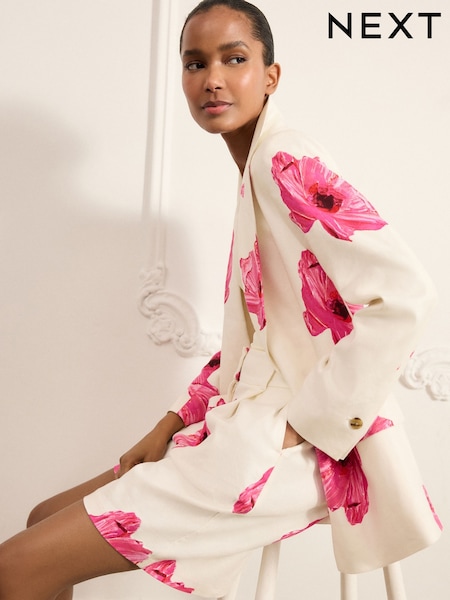 Ecru/Pink Floral Printed Blazer with Linen (AM2167) | 256 QAR