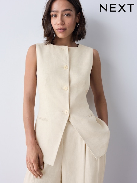 Přírodní - Linen Rich Square Neck Waistcoat (AM2172) | 1 345 Kč