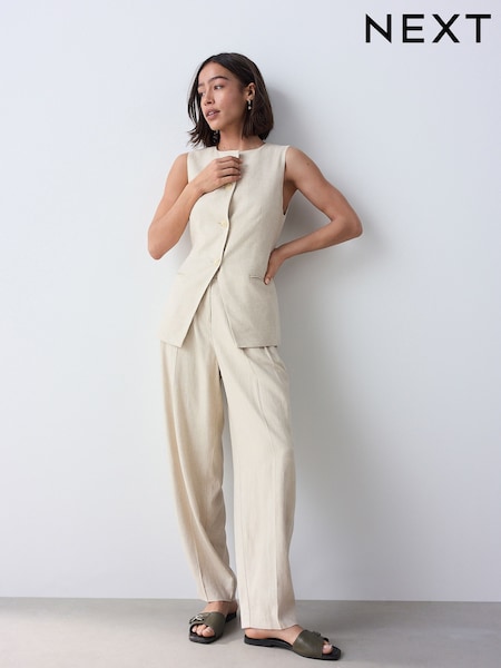 Neutral Elasticated Linen Rich Tapered Trousers (AM2185) | 157 QAR