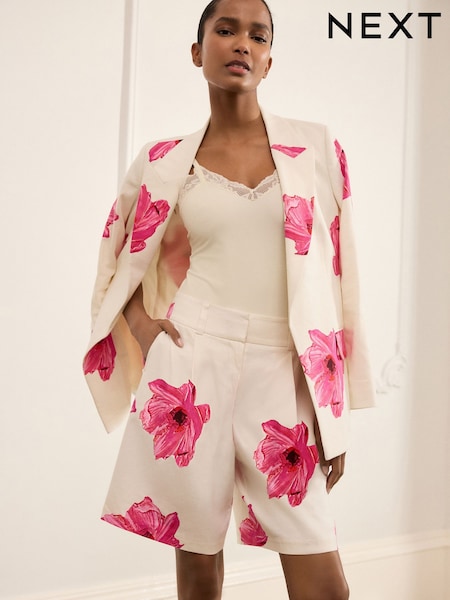 Ecru/Pink Floral Tailored Shorts with Linen (AM2188) | €32