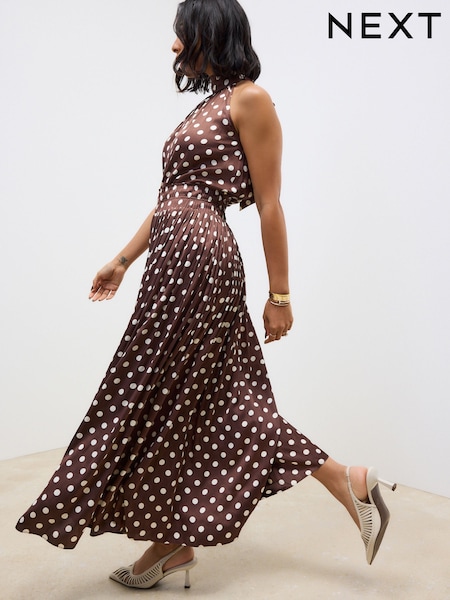 Brown Glossy Satin Polka Dot Maxi Skirt (AM2192) | 224 QAR