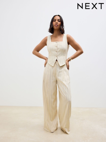 Yellow Striped Elastic Back Wide Leg Trousers with Linen (AM2196) | €54