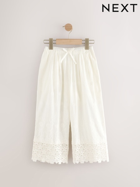 White Wide Leg Embellished 100% Cotton Trousers (3-16yrs) (AM2453) | AED122 - AED152
