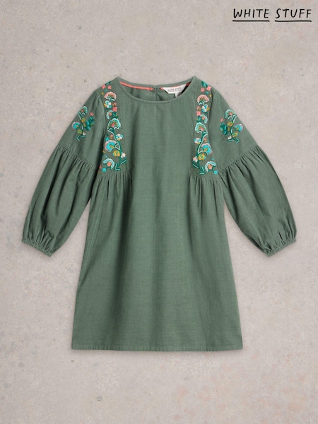 White Stuff Green 100% Organic Cotton Embroidered Needlecord Dress (AM2566) | 113 QAR