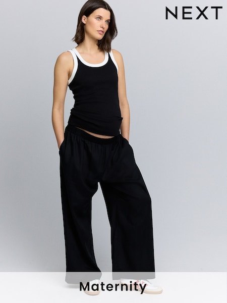 Negru - Maternity Wide Leg Trousers with Linen (AM2699) | 192 LEI