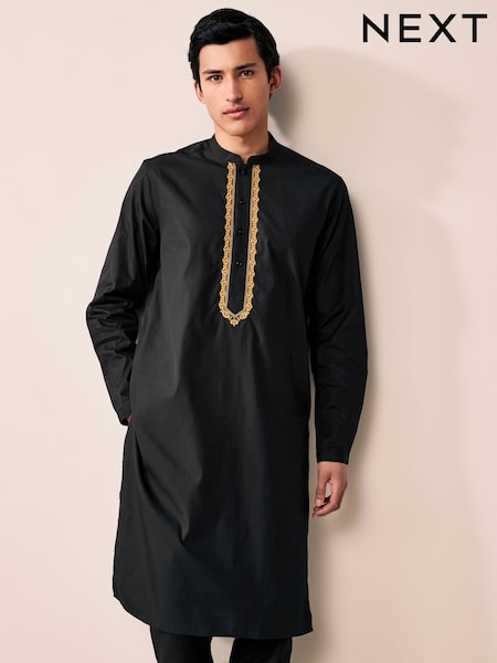 שחור - 100% Cotton Poplin Kurta With Embroidery (AM2714) | ‏121‏₪