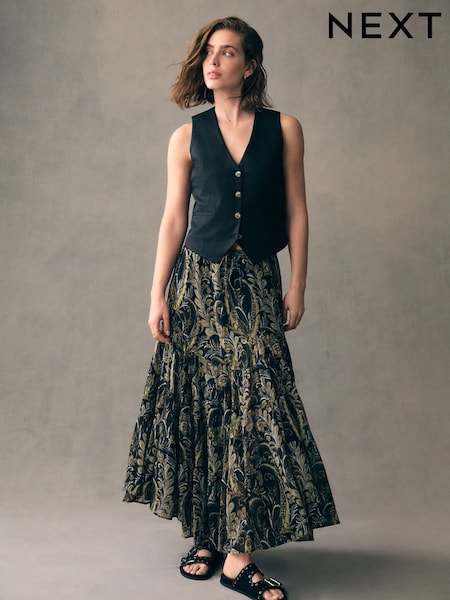 黑色╱綠色 - 100% Cotton Boho Tiered Midi Skirt (AM2723) | NT$2,050