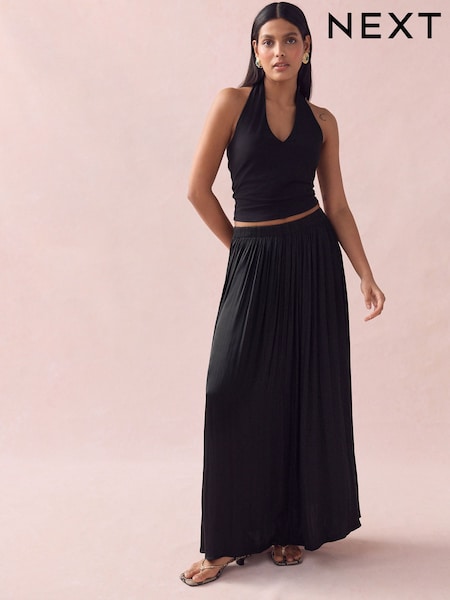 Black Pleated Satin Maxi Skirt (AM2725) | 1,272 UAH