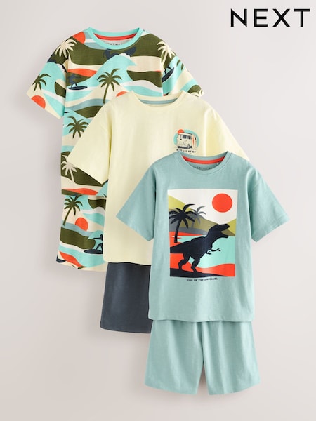 Turq/Cream Dino Surf 100% Cotton Short Pyjamas 3 Pack (3-14yrs) (AM2797) | LEI 186 - LEI 238
