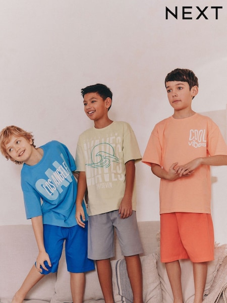 Blau/Orange/Limettengrün, Neon-Schriftzug - Short Pyjamas 3 Pack (3-16yrs) (AM2798) | 35 € - 45 €