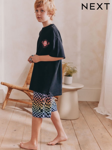 Black/Pink Slogan Single 100% Cotton Short Pyjamas (3-16yrs) (AM2809) | R$ 110 - R$ 155
