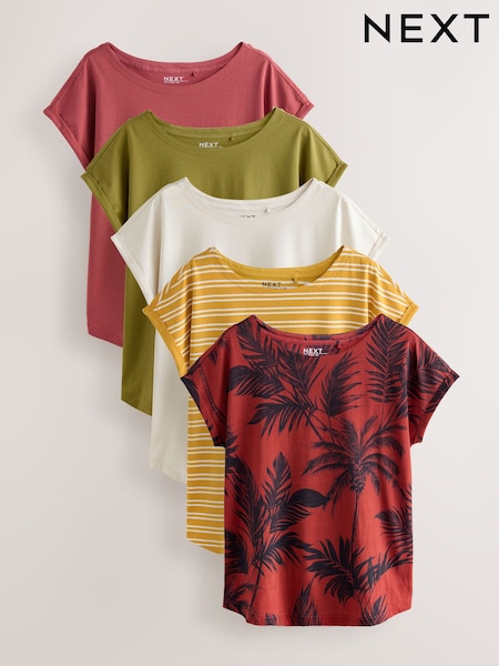Pink/verde/brancas/Yellow / Stripe Printpalmeira - Cap Sleeve T-Shirts 5 Pack (AM2897) | R$ 330