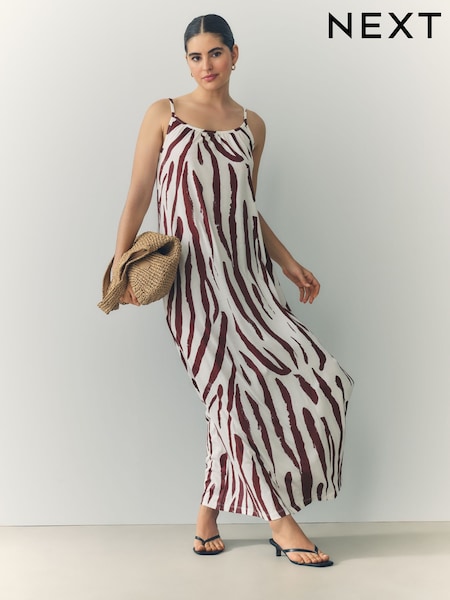 Brown/White Zebra Maxi Length Trapeze Shape Ruched Neckline Thin Vest Strap Dress (AM2901) | €33
